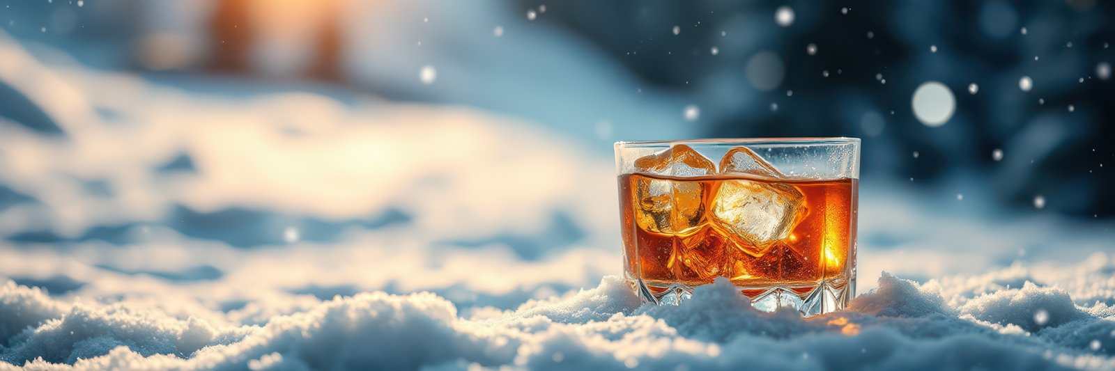 Glass of whiskey with ice cubes resting on snow during a snowy winter afternoon